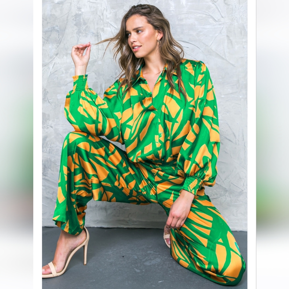 Flying Tomato Green and Yellow Wide Leg Jumpsuit